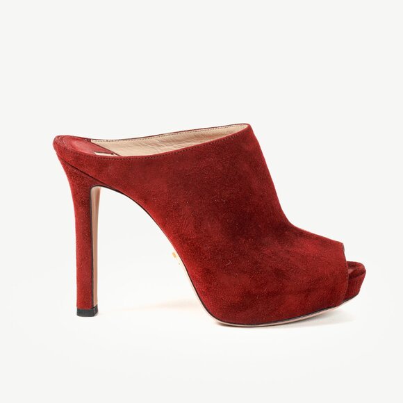 Prada Burgundy Suede Peep Toe Stiletto Heel Slide Mule Platform Pump - Picture 1 of 9